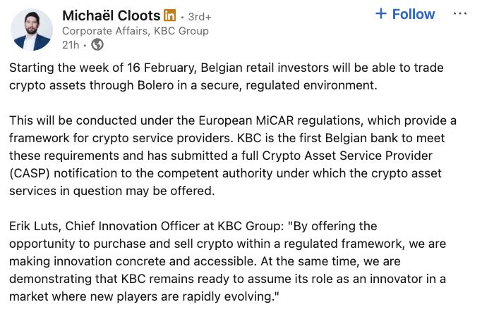 بنك KBC يعتزم إطلاق تداول البيتكوين والإيثير في بلجيكا بموجب إطار MiCA