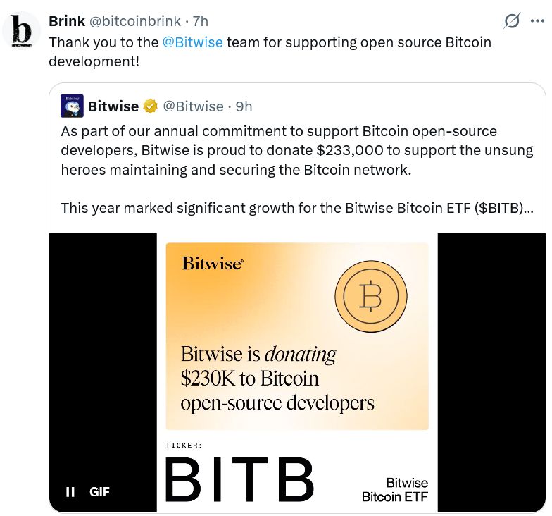 تبرعات Bitwise لمطوري بيتكوين تتجاوز 380 ألف دولار