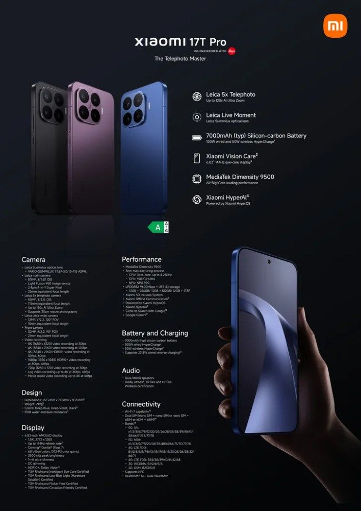 تكنولوجيا: شاومي تطلق هاتف Xiaomi 17T Pro عالميا بمعالج Dimensity 9500 وكاميرات متطورة وبطارية ضخمة