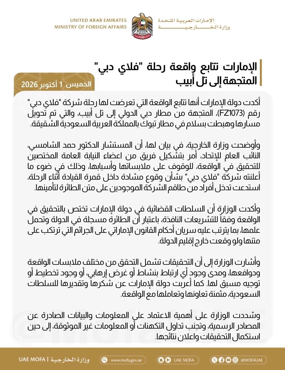 الخارجية الإماراتية تصدر بيانا بشأن حادثة طائرة "فلاي دبي"